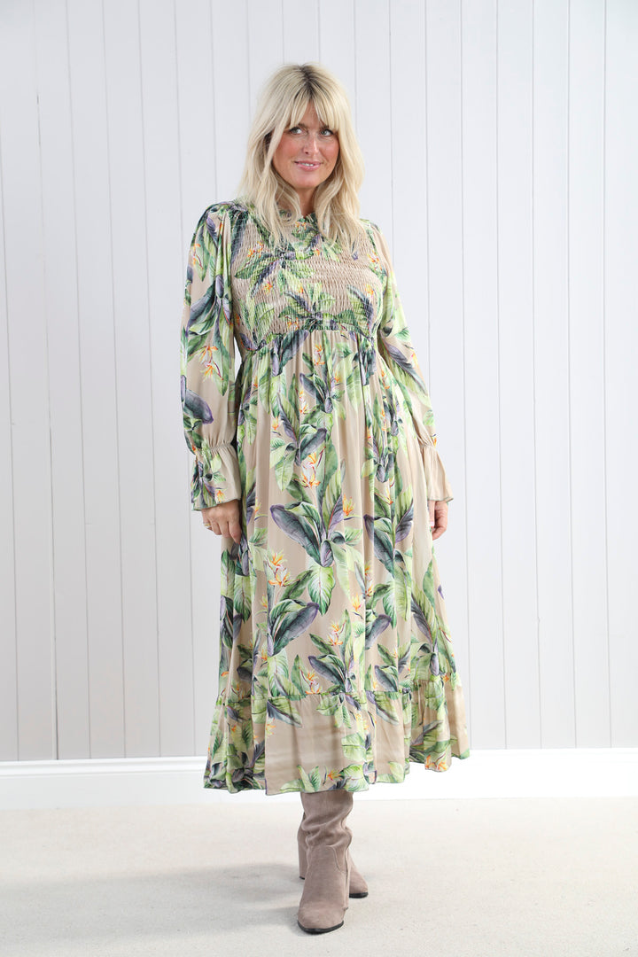 Shirred Leaf Print Dress