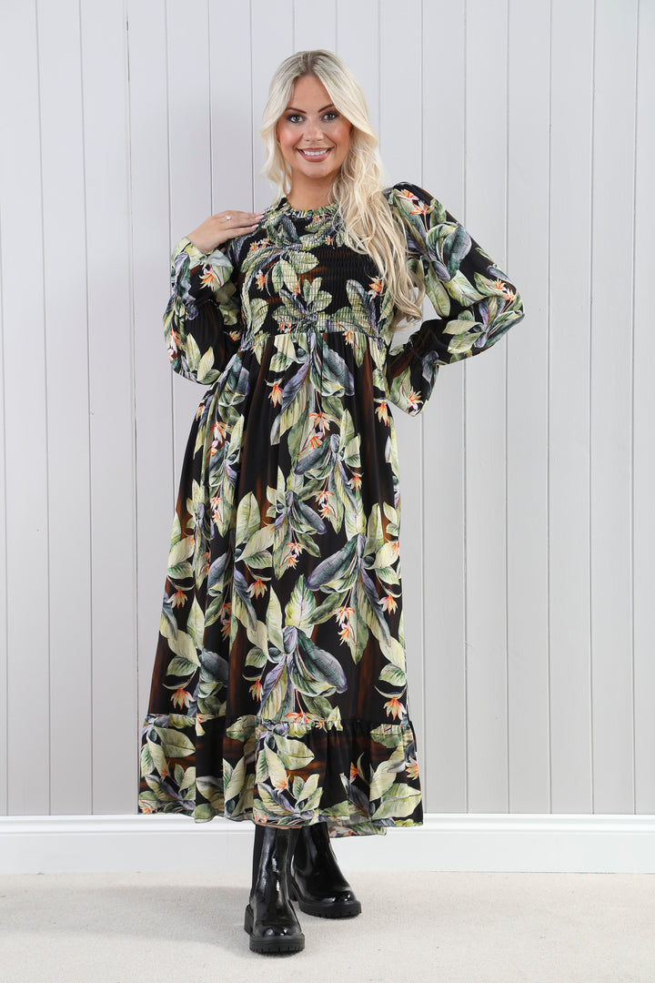 Shirred Leaf Print Dress