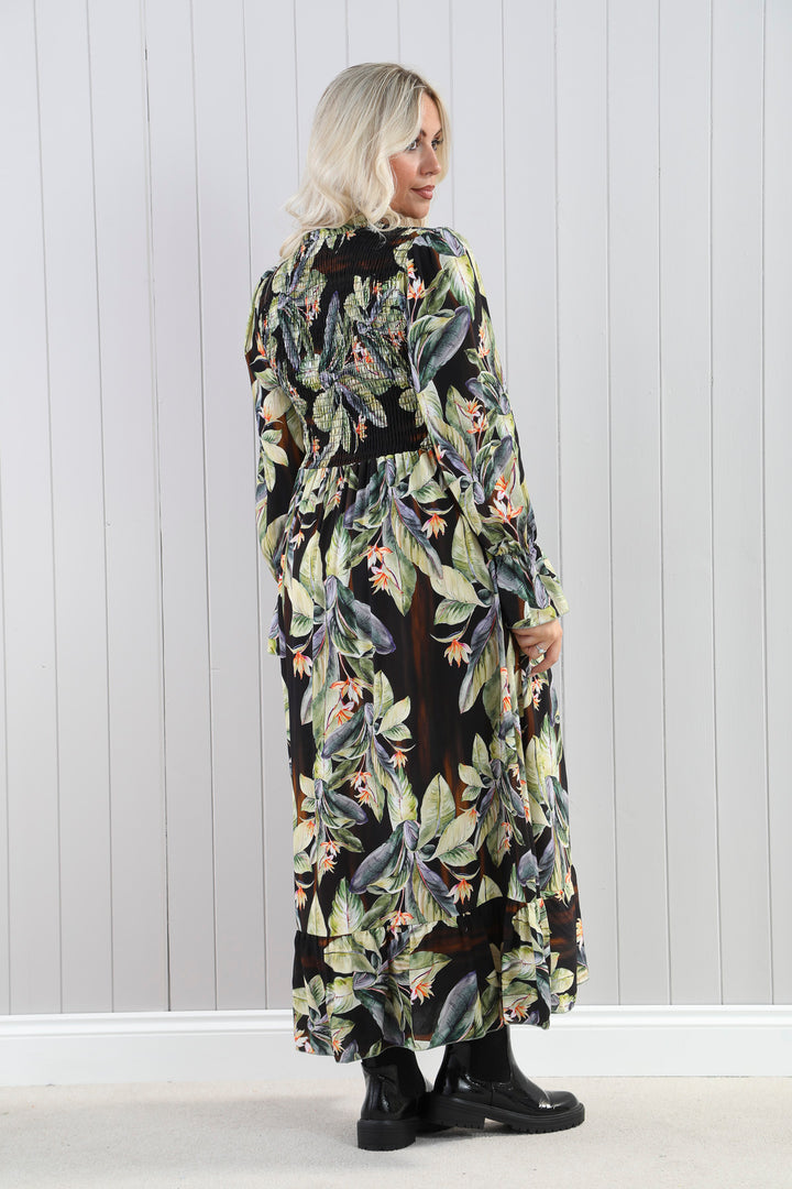 Shirred Leaf Print Dress