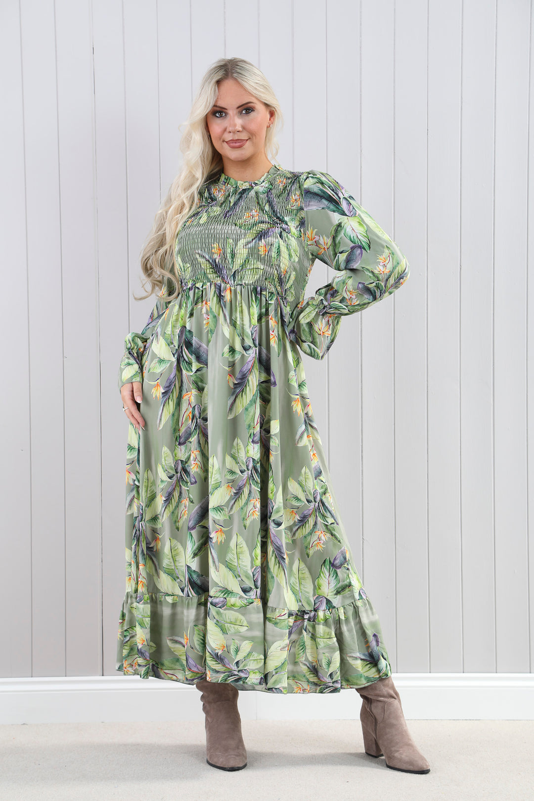 Shirred Leaf Print Dress
