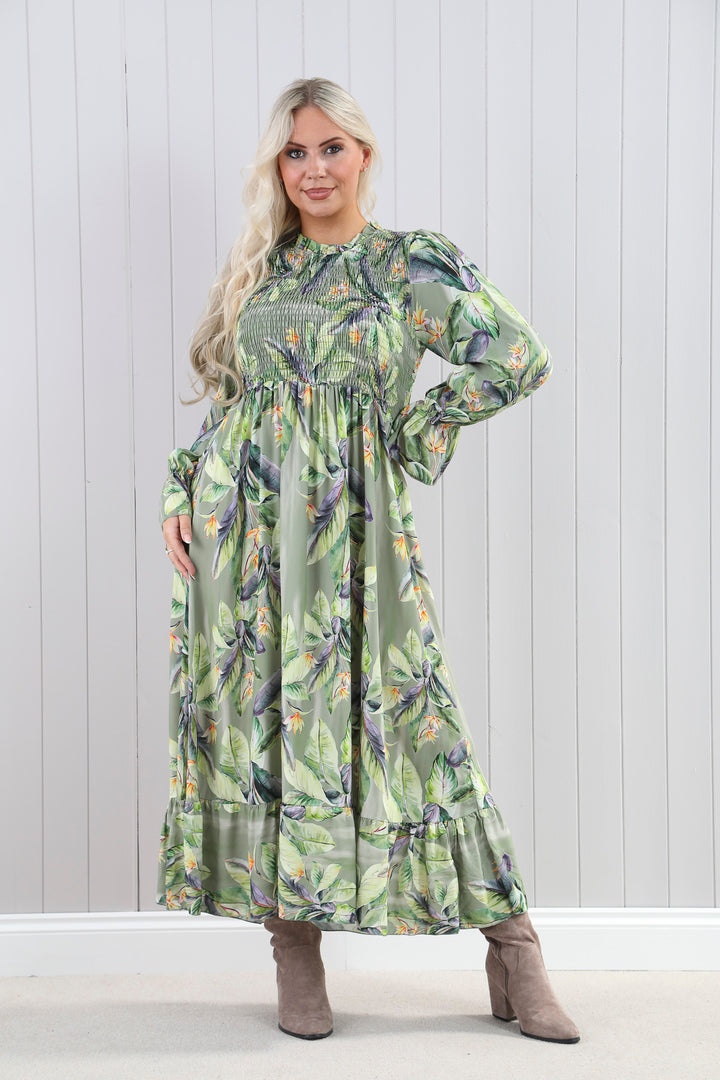 Shirred Leaf Print Dress