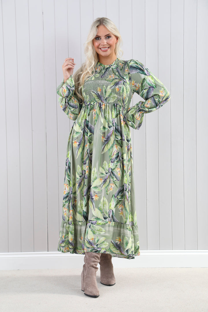 Shirred Leaf Print Dress