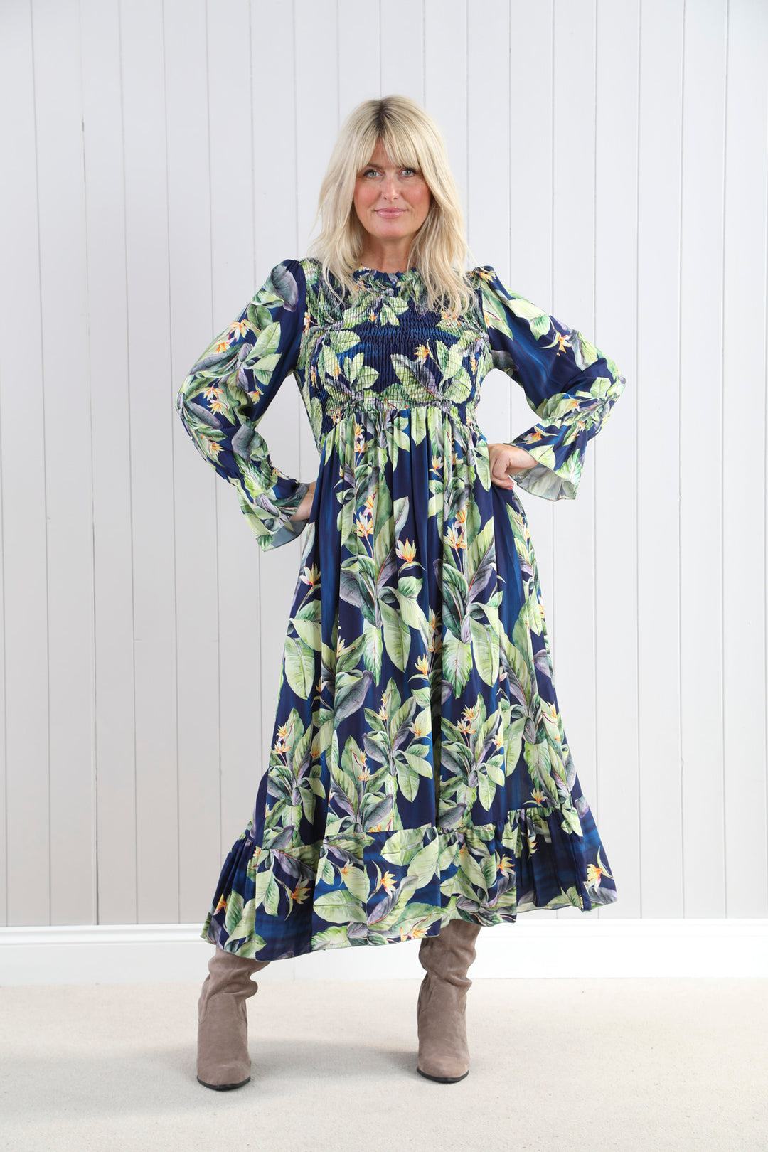 Shirred Leaf Print Dress