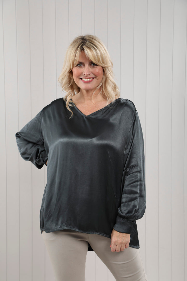 Lucia Satin Feel Blouse Charcoal