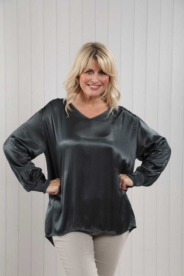 Lucia Satin Feel Blouse Charcoal