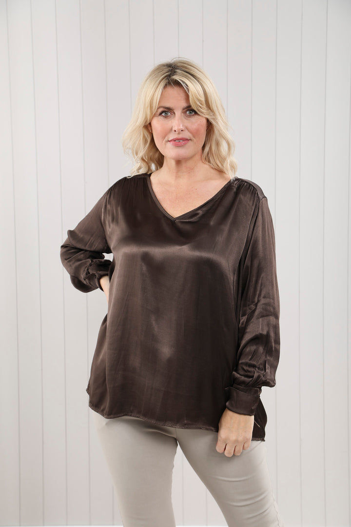 Lucia Satin Feel Blouse Chocolate