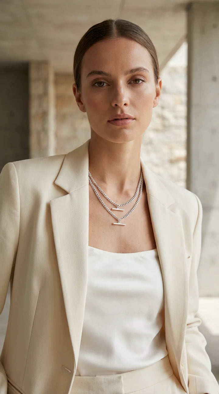 Double Layer T-Bar Necklace Silver