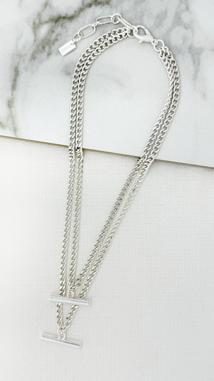 Double Layer T-Bar Necklace Silver