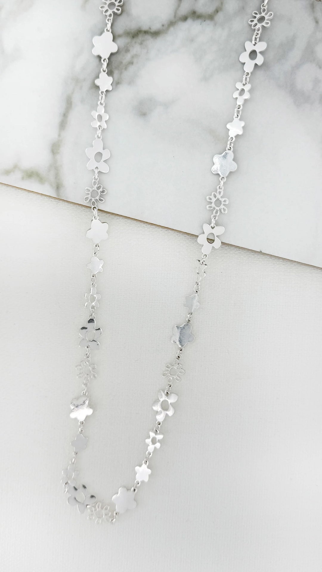 Farah Floral Long Necklace Silver