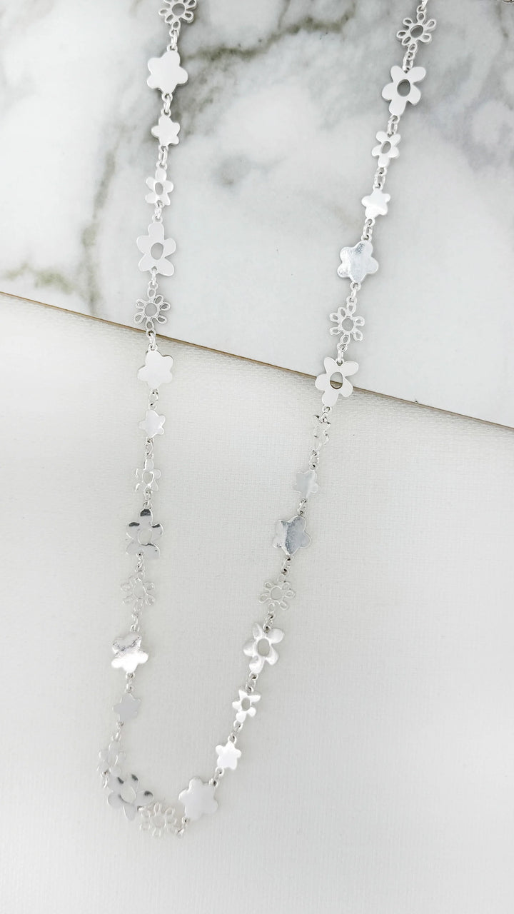 Farah Floral Long Necklace Silver