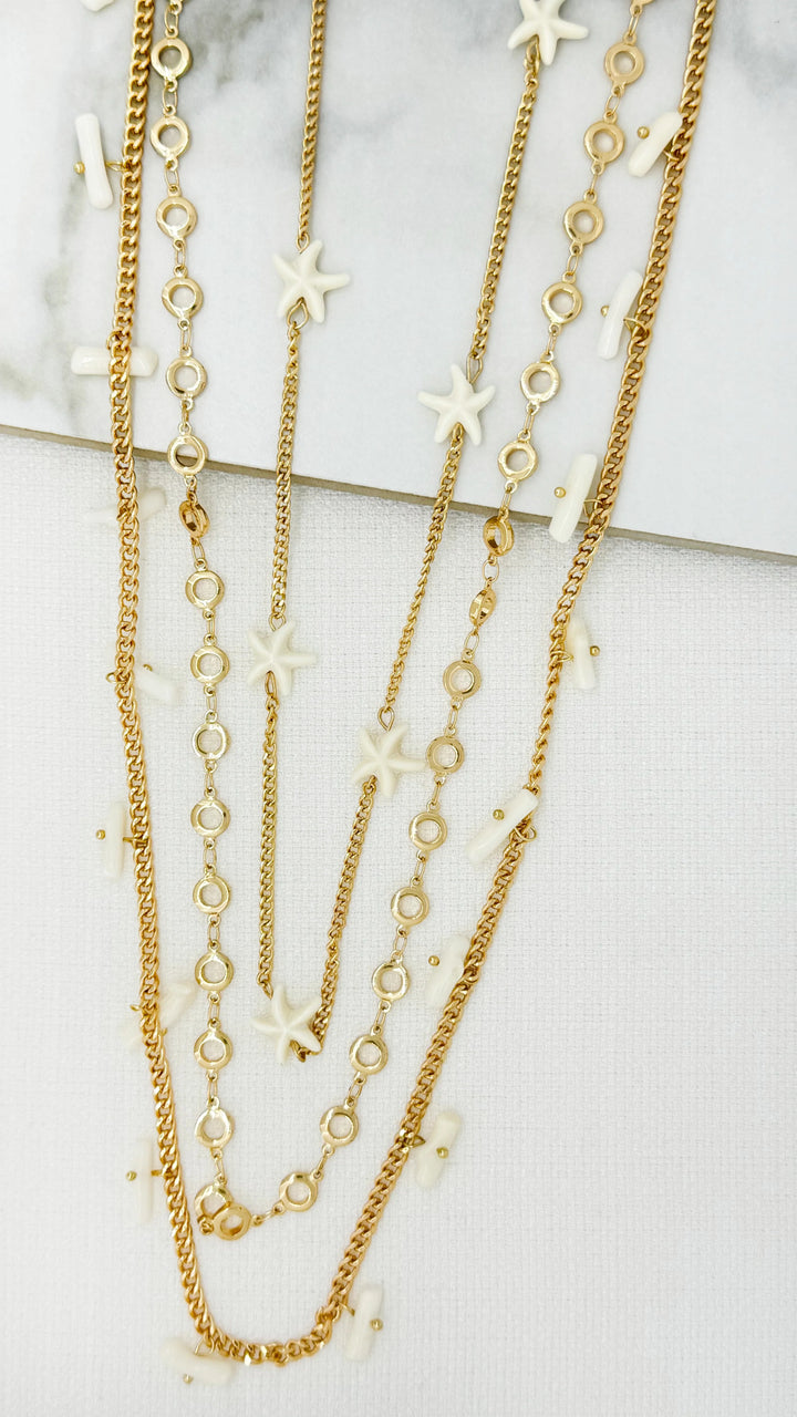 Long Triple Layer Starfish Necklace Gold
