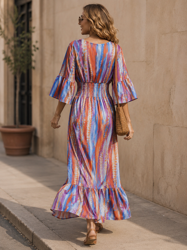Muriel Watercolour Shirred Maxi Dress Coral