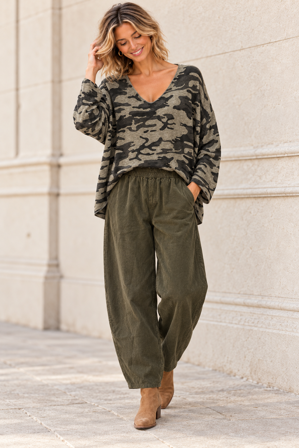 Leona Camo Print Top Khaki