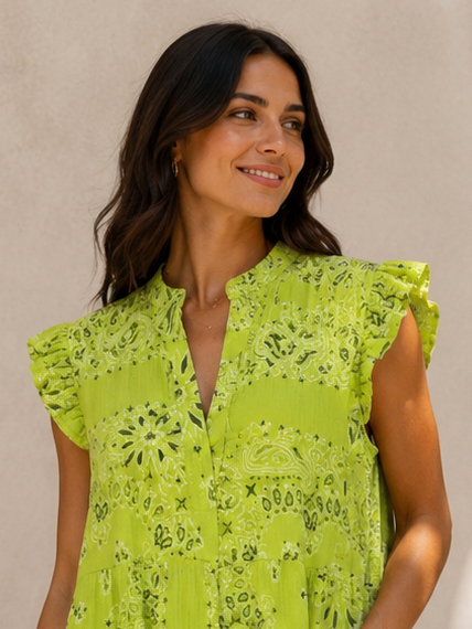 Bandana Cotton Tiered Dress Lime