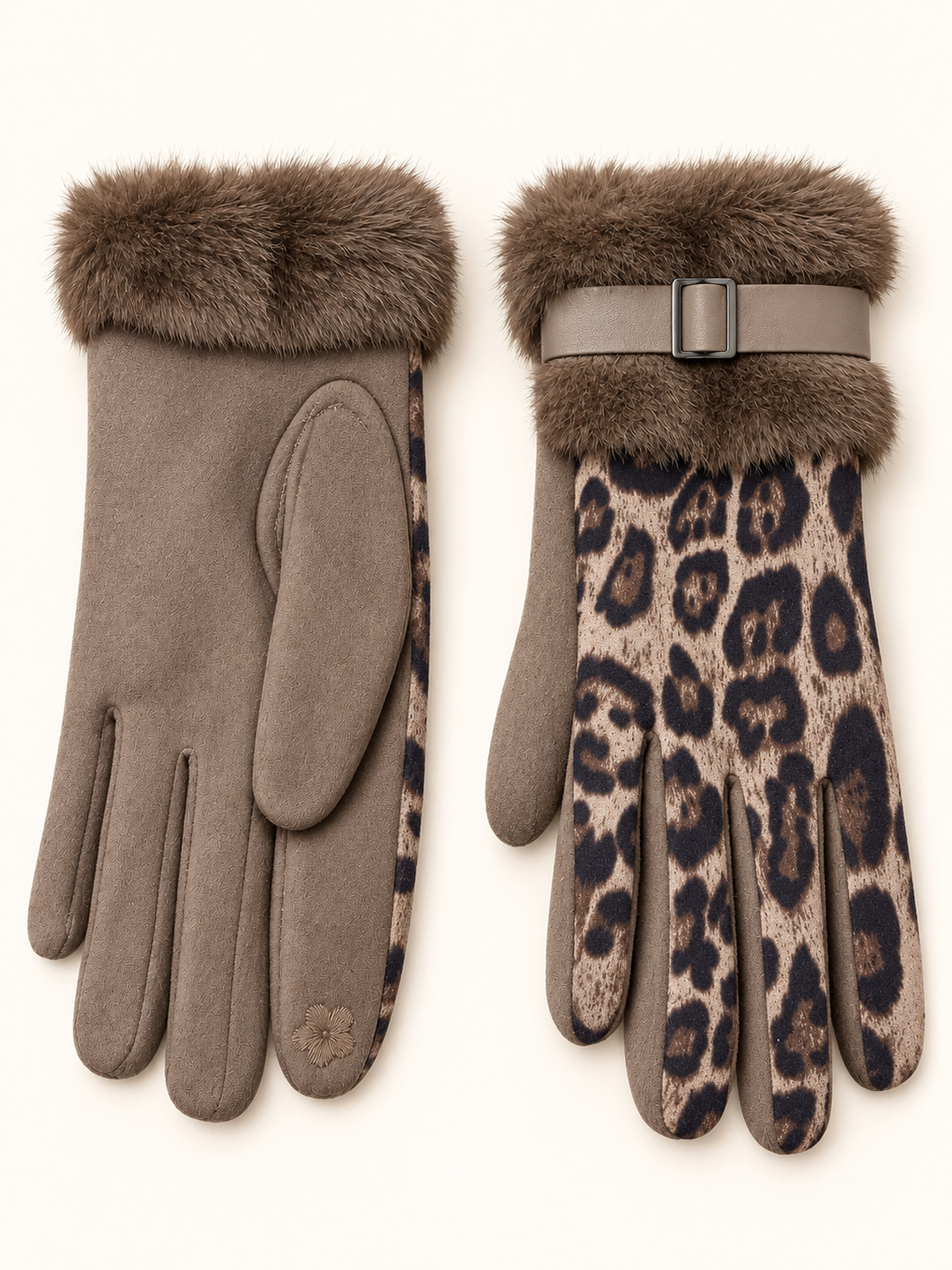 Leopard Buckle Gloves Taupe