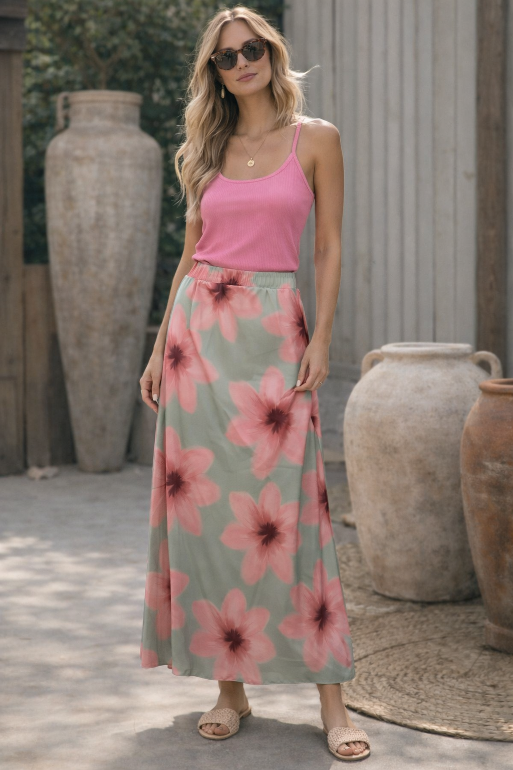 Flora Silky Maxi Skirt Sage/Pink