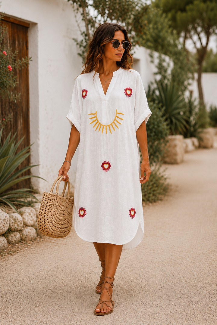 Khadiza Embroidered Kaftan Dress Cream