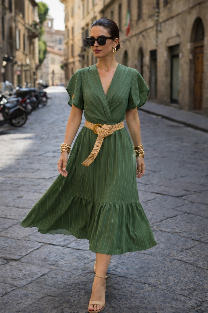 Avery Pinstripe Dress Khaki