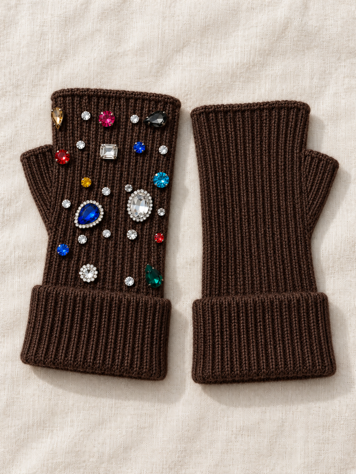 Embellished Fingerless Gloves Chocolate