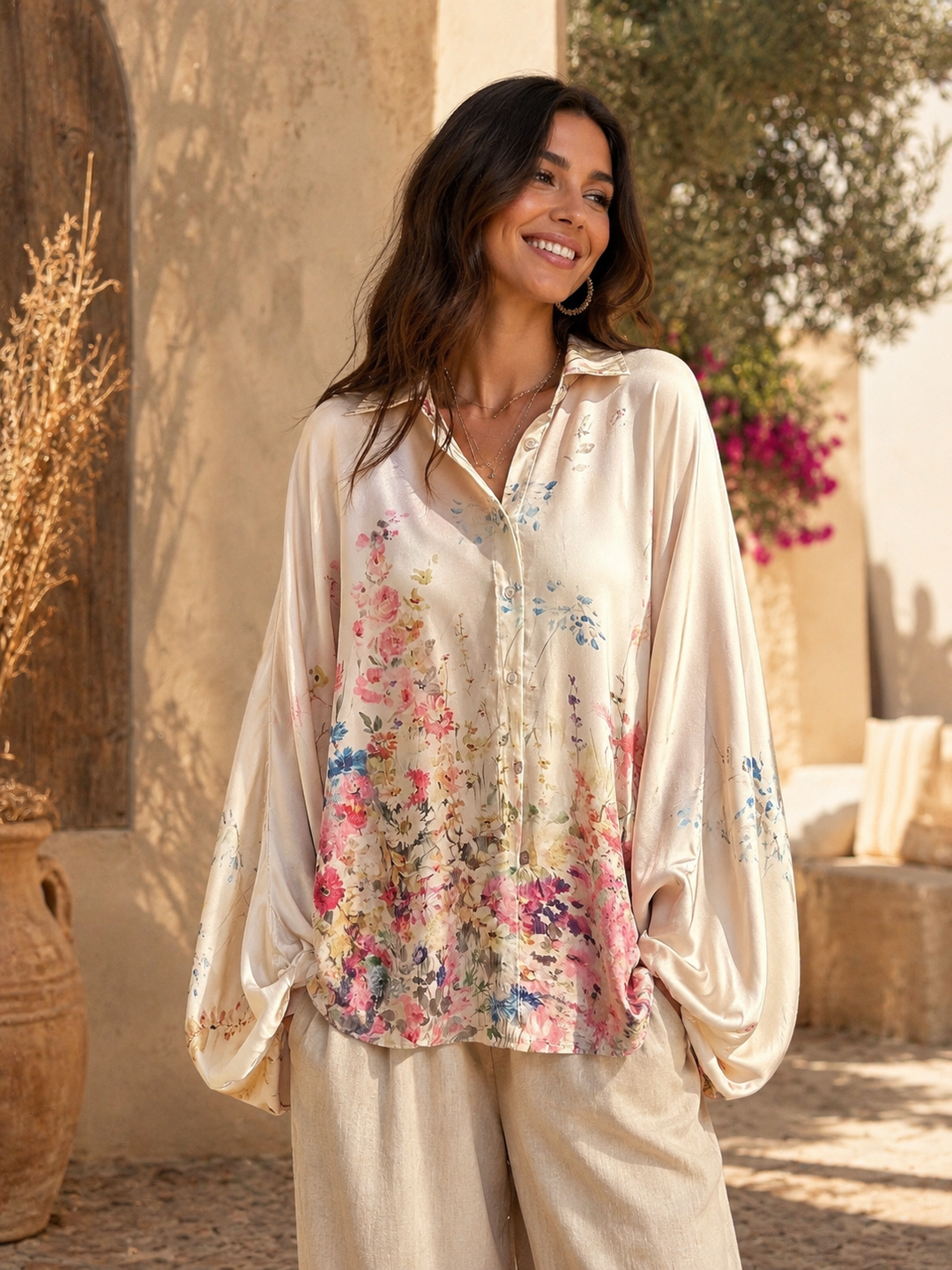 Lidia Floral Silky Oversized Blouse Cream