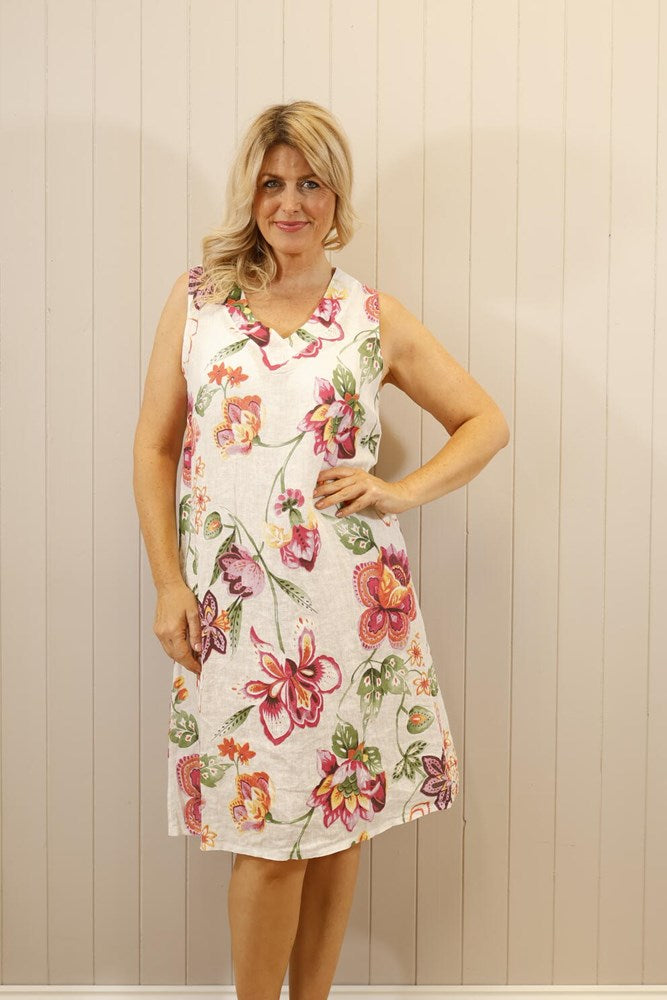 Linen Flower Tunic Dress White