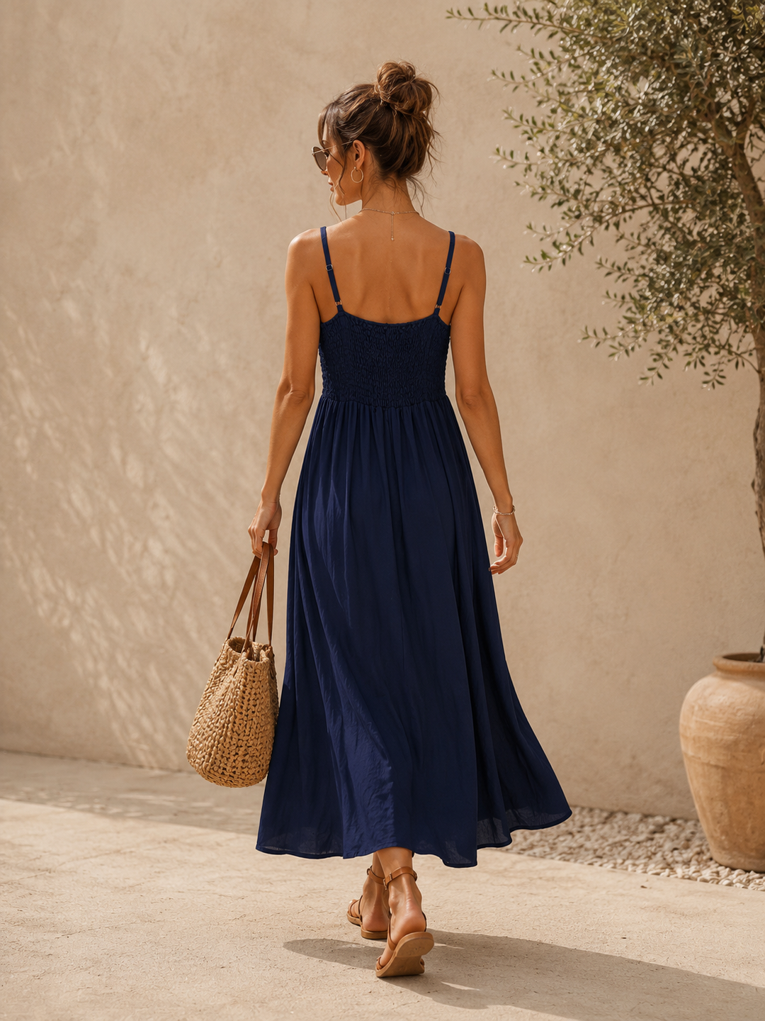 Zara Shirred Maxi Dress Navy