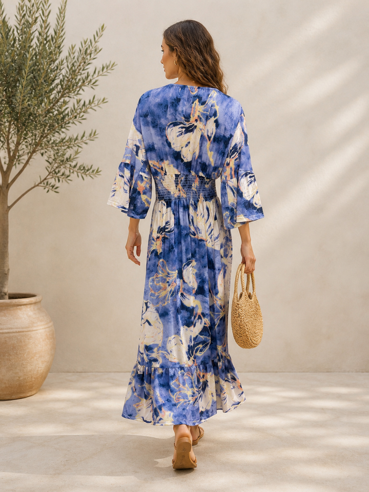 Muriel Watercolour Shirred Maxi Dress Blue
