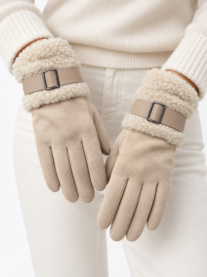 Faux Fur Buckle Gloves Beige