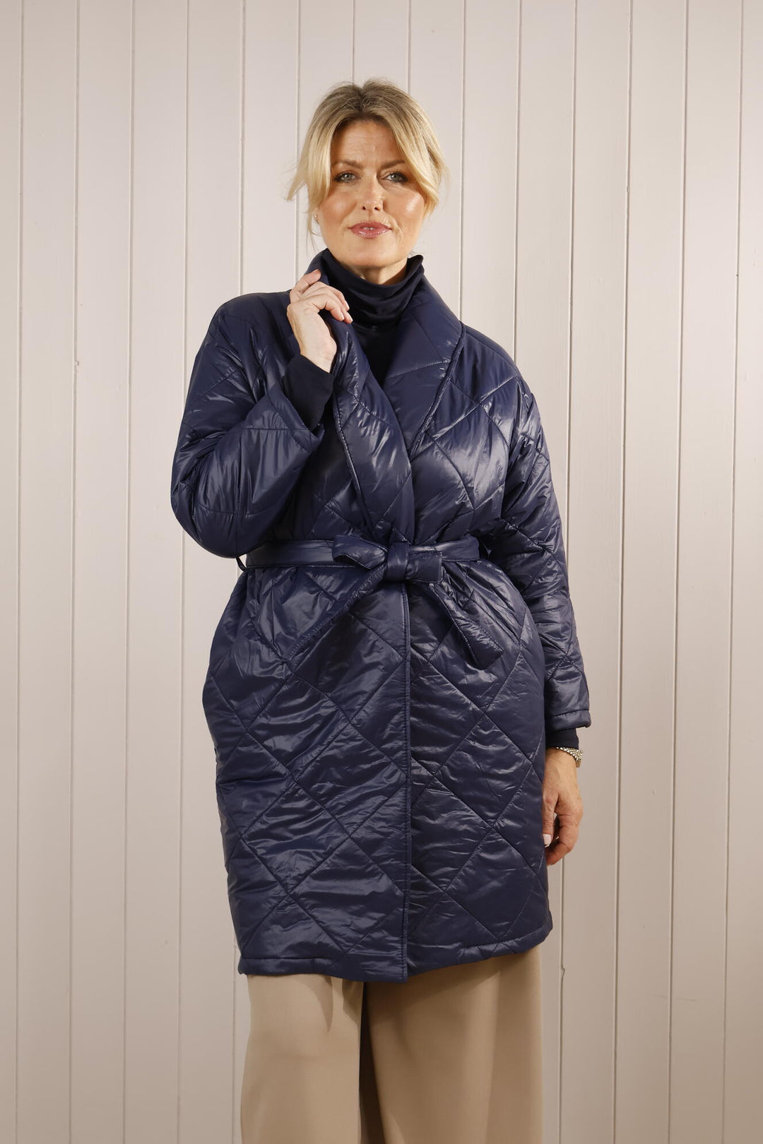 Tie Waist Puffer Coat Navy