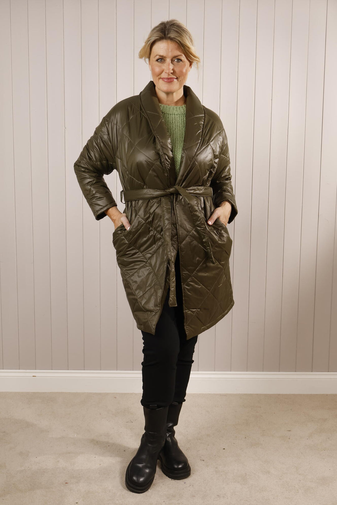 Tie Waist Puffer Coat Khaki