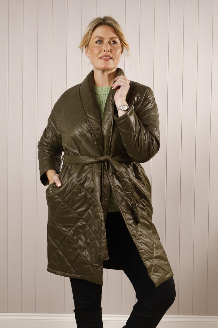 Tie Waist Puffer Coat Khaki