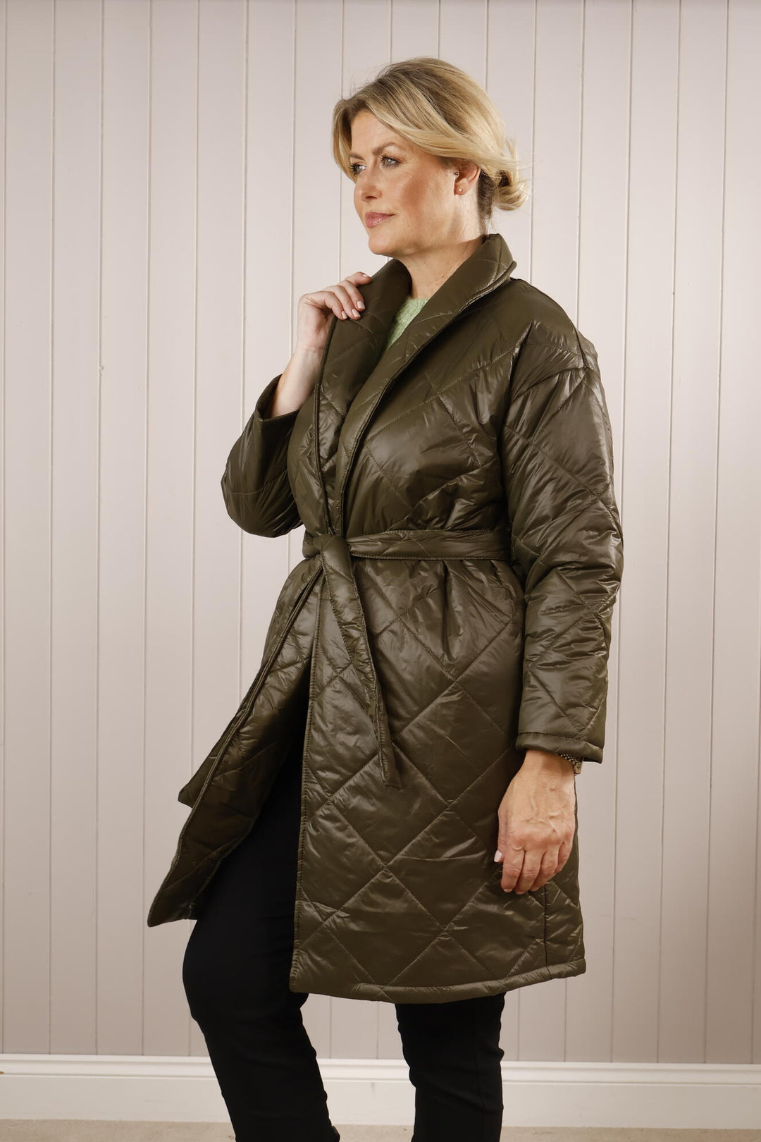 Tie Waist Puffer Coat Khaki