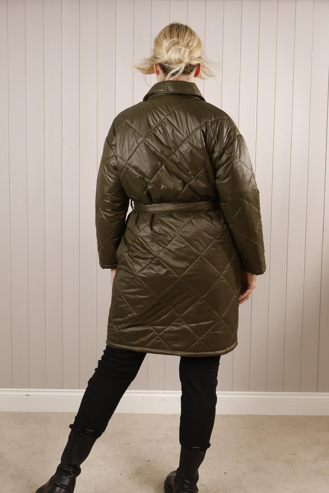 Tie Waist Puffer Coat Khaki