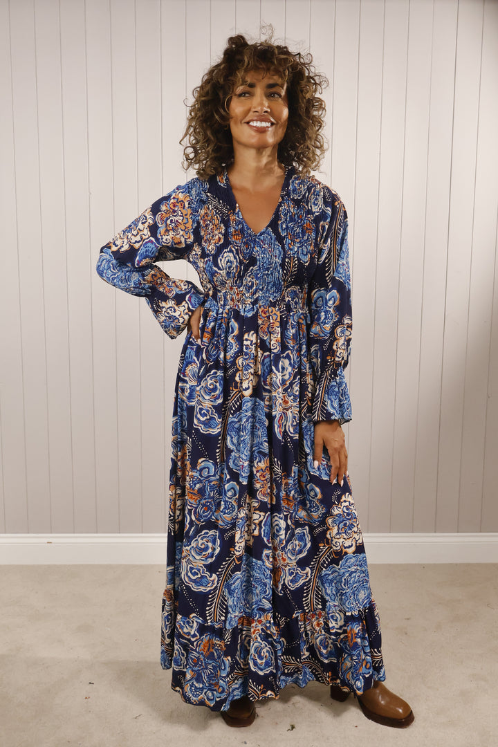 Paisley Flower Shirred Dress Navy SECONDS