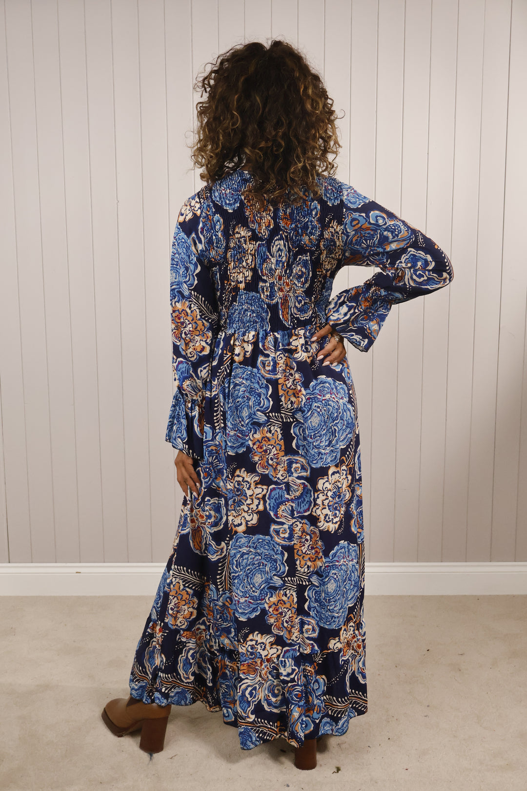 Paisley Flower Shirred Dress Navy SECONDS