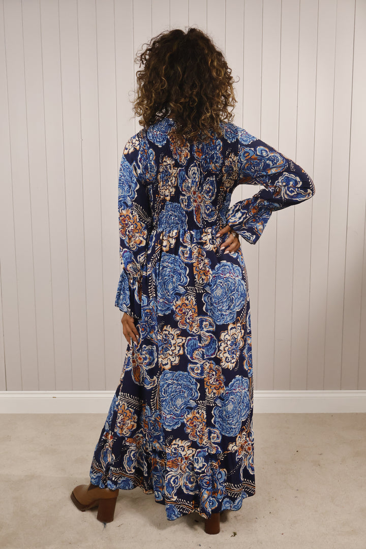 Paisley Flower Shirred Dress Navy SECONDS