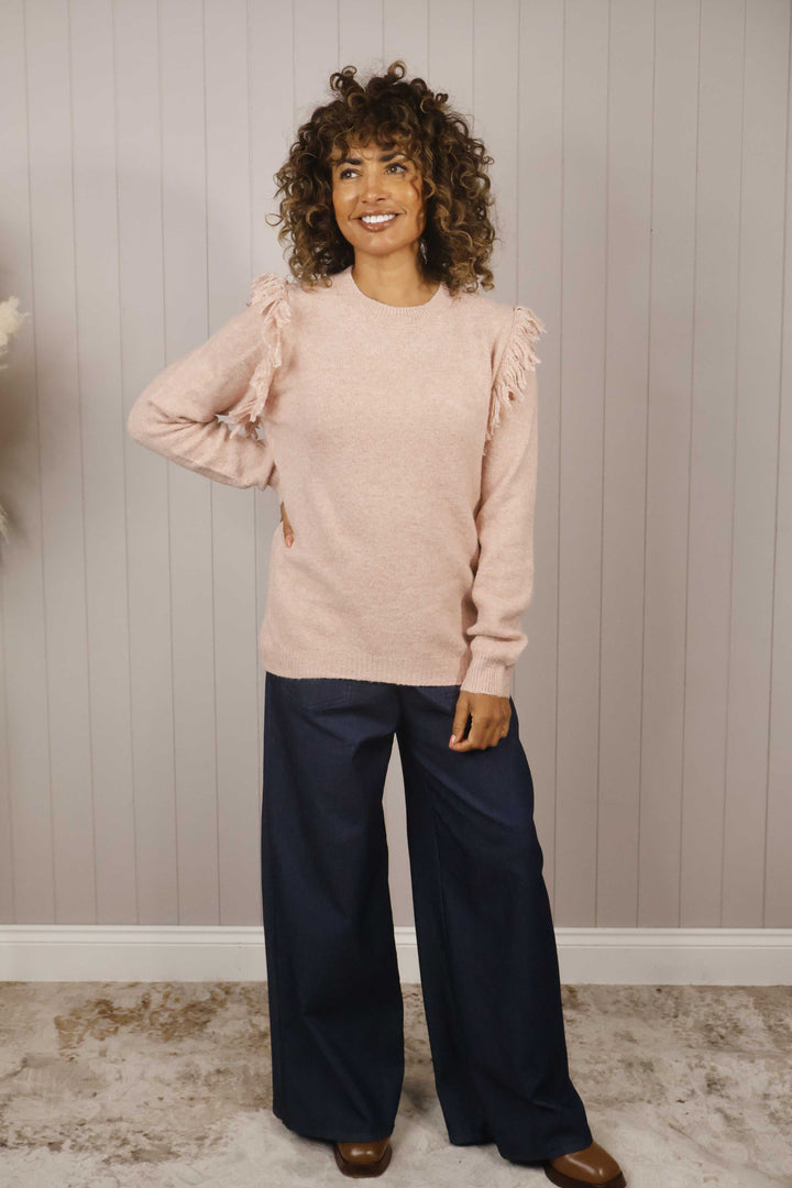 Fiero Fringe Soft Knit Jumper Pale Pink