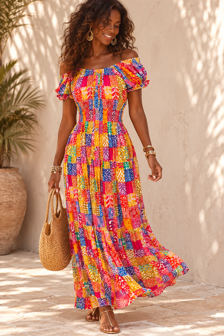 Tropical Patchwork Bardot Maxi Dress