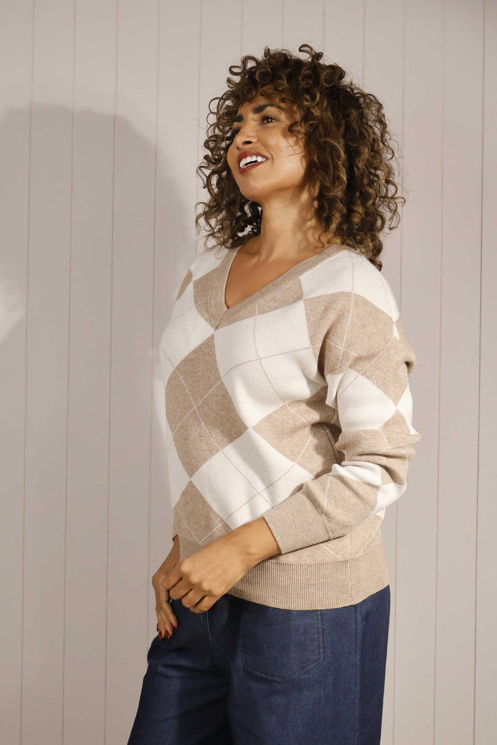 Azura Argyle V Neck Jumper Camel