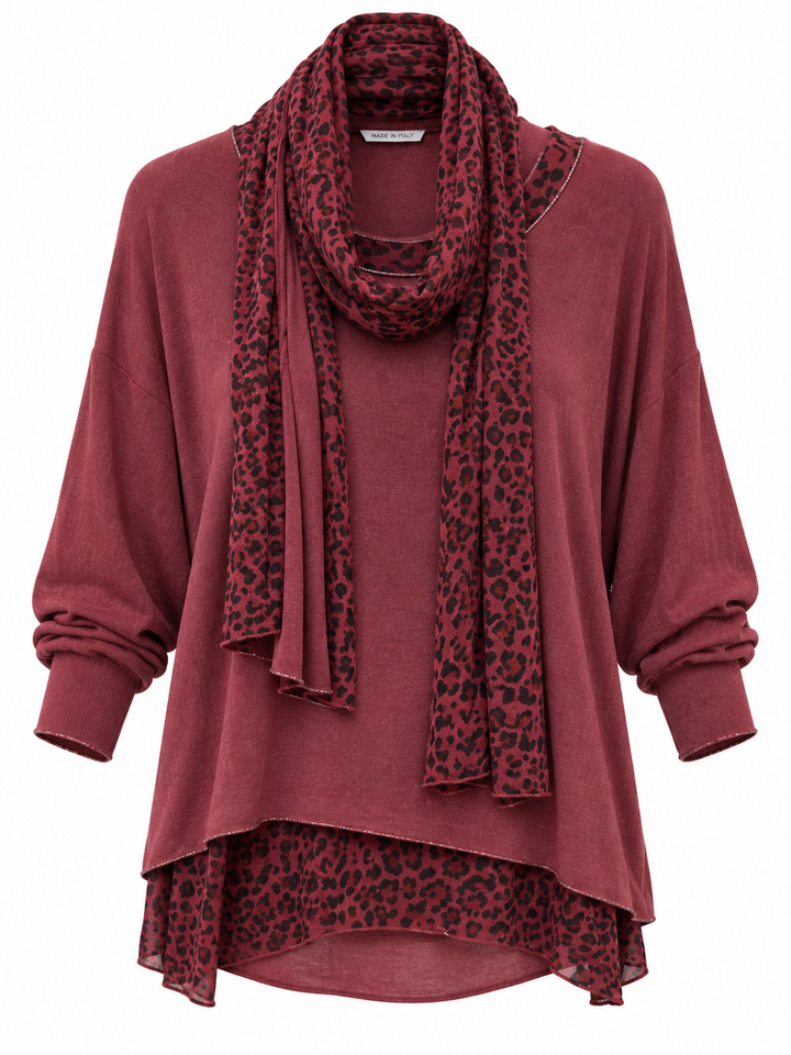 Gia Leopard Top & Scarf Set Burgundy