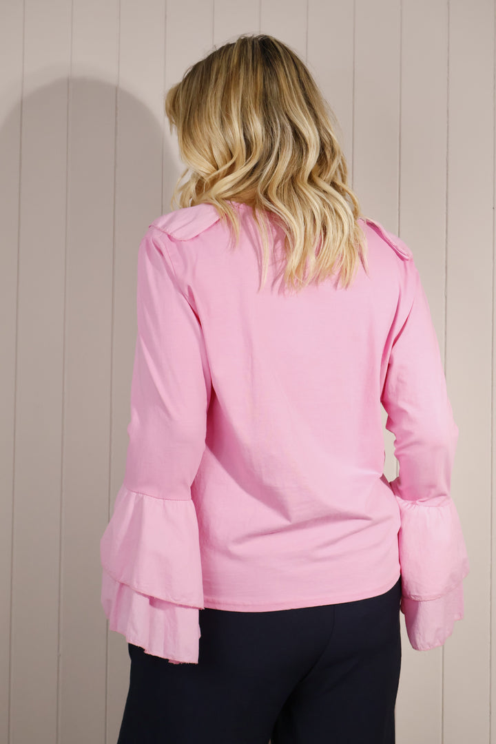 Ruffle V-Neck Long Sleeve Top Pink
