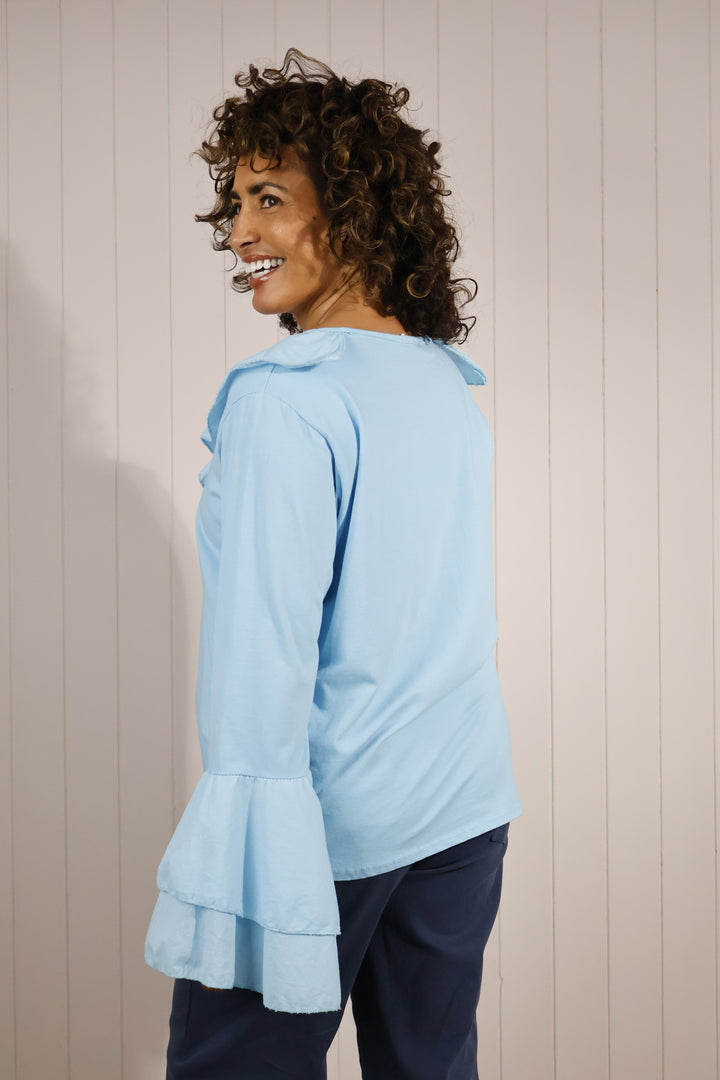 Ruffle V-Neck Long Sleeve Top Turquoise