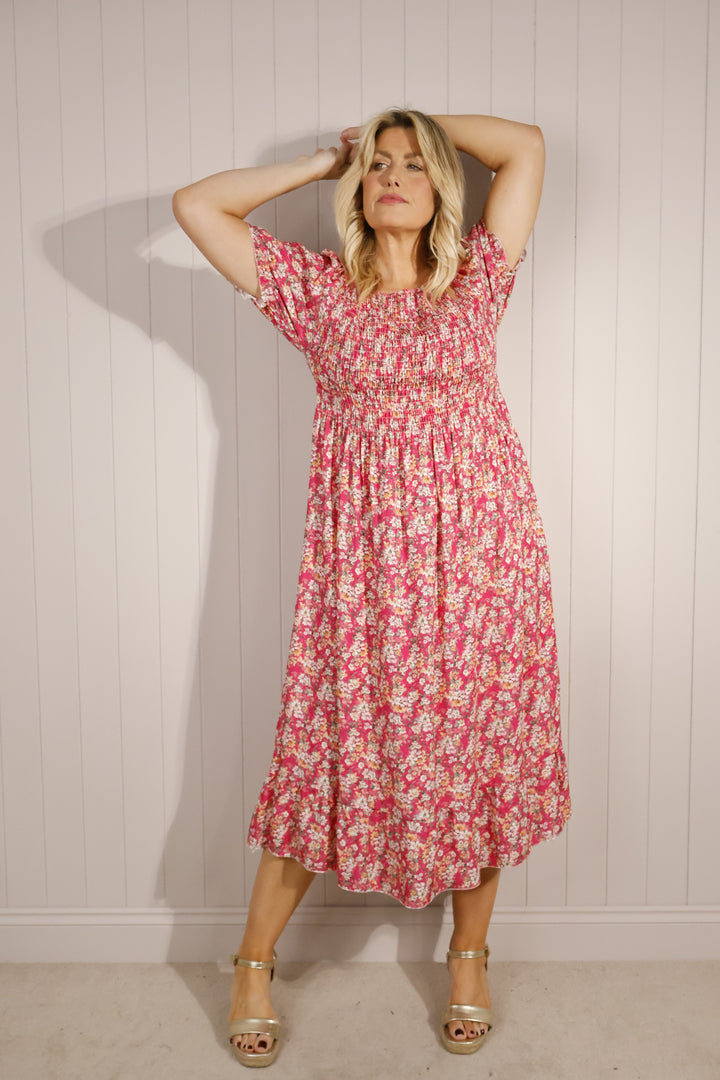 Ditsy Flower Puff Sleeve Maxi Dress Fuchsia