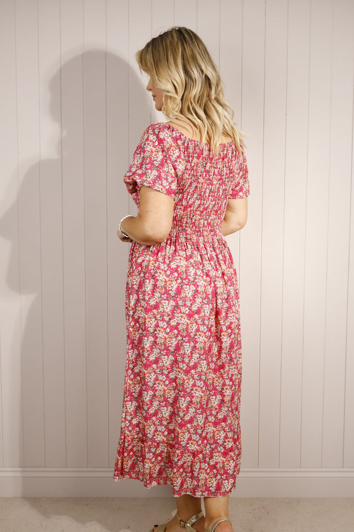 Ditsy Flower Puff Sleeve Maxi Dress Fuchsia