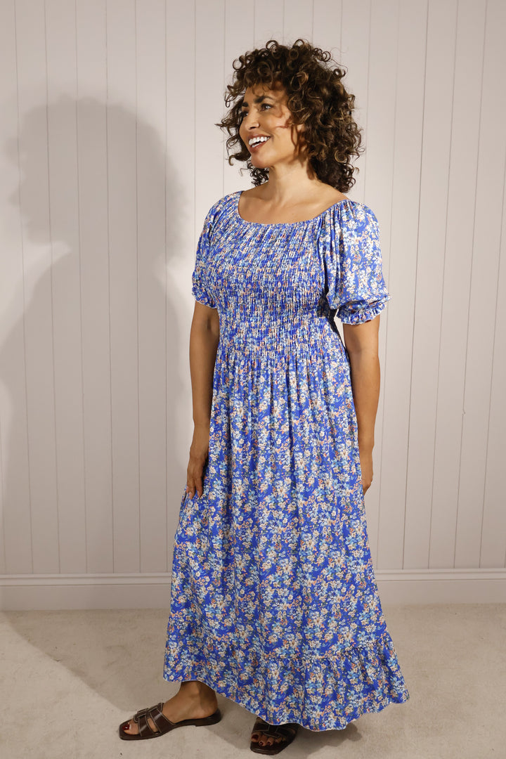 Ditsy Flower Puff Sleeve Maxi Dress Royal Blue
