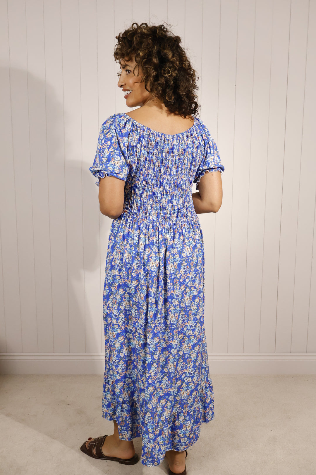 Ditsy Flower Puff Sleeve Maxi Dress Royal Blue