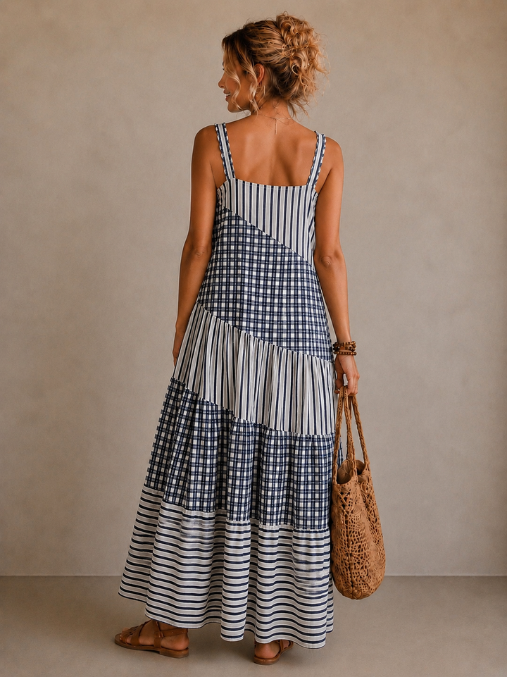 Patchwork Tiered Maxi Dress Navy
