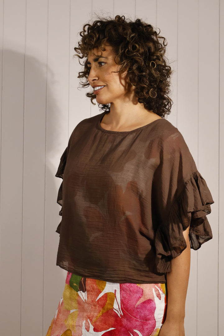 Floaty Frill Cotton Layering Top Chocolate