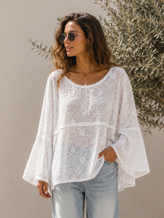Cotton Swirl Embroidered Top White