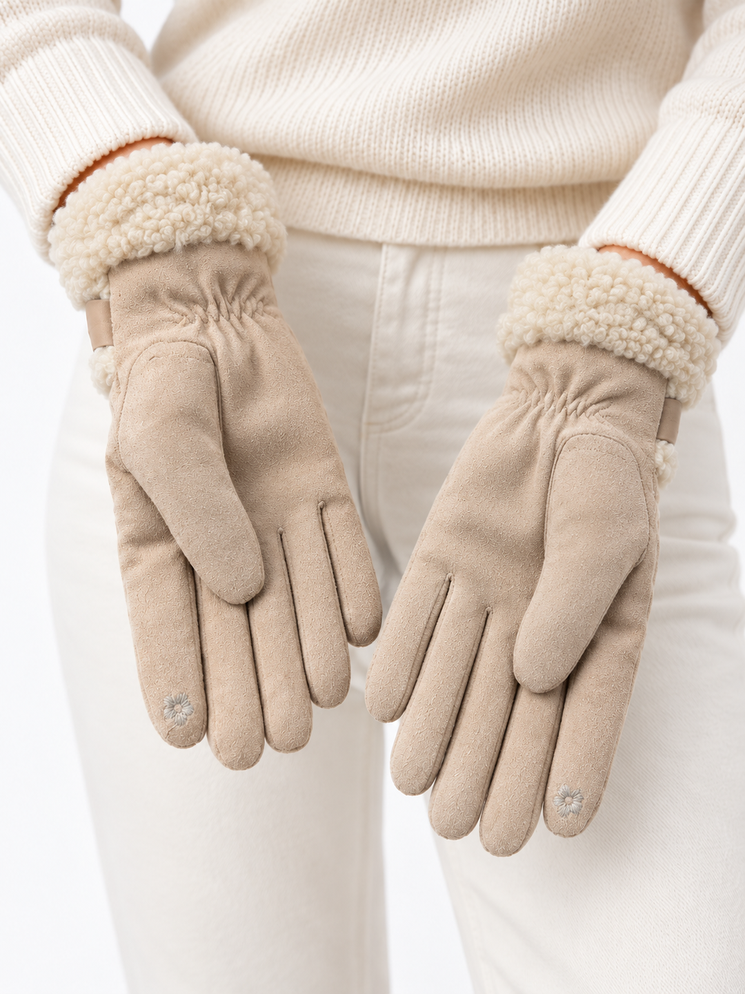 Faux Fur Buckle Gloves Beige